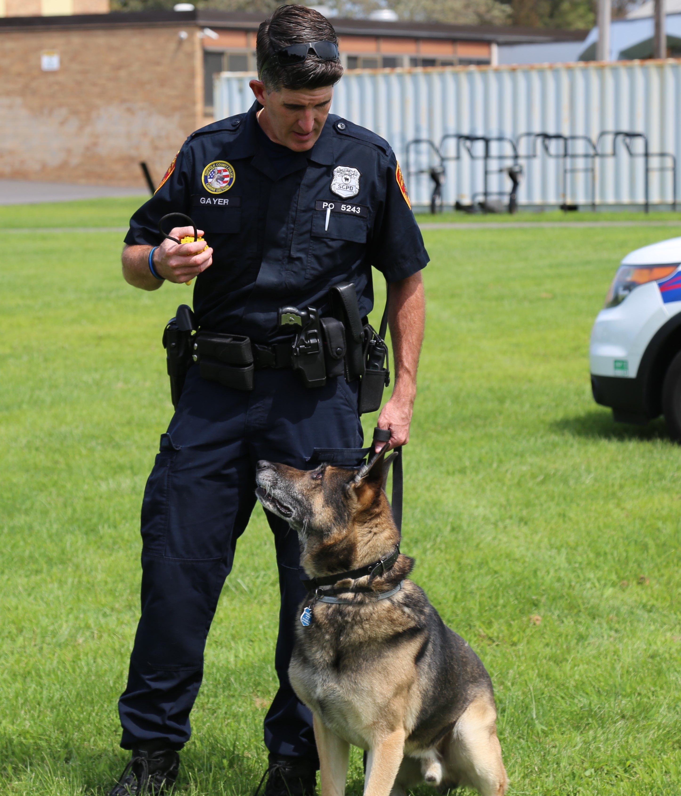 a police officer consulting with a canine